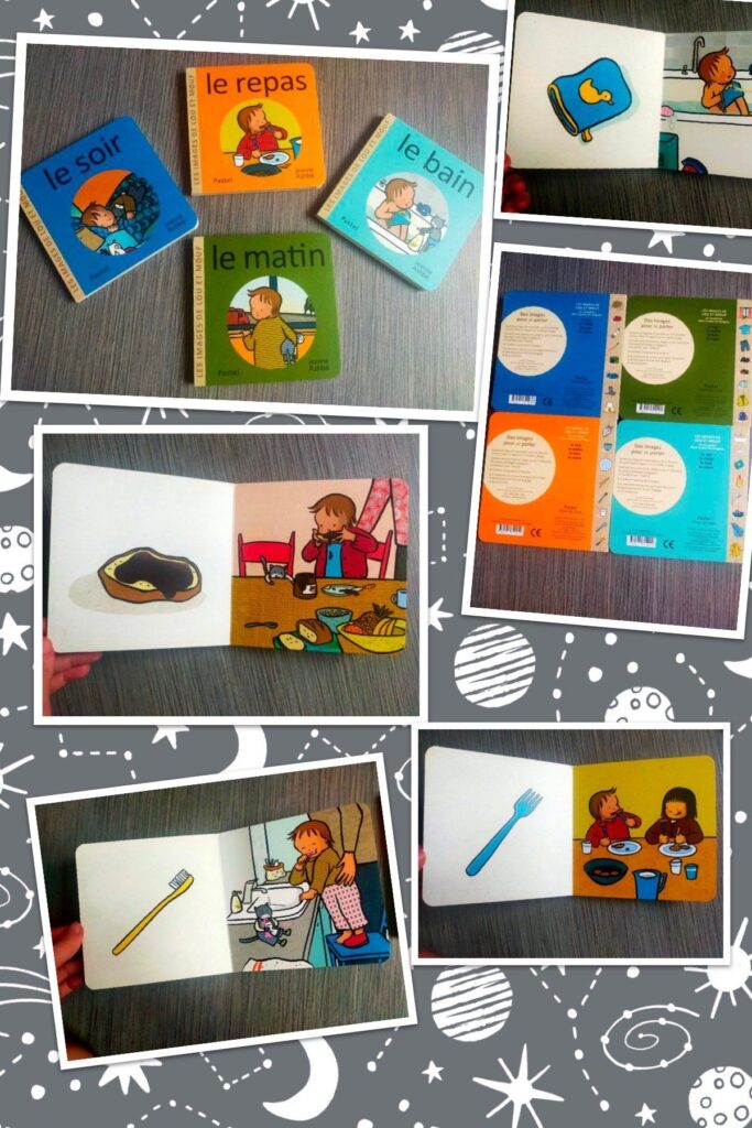 Les images de Lou et Mouf : « Le matin », « Le soir », « Le bain », « Le repas »