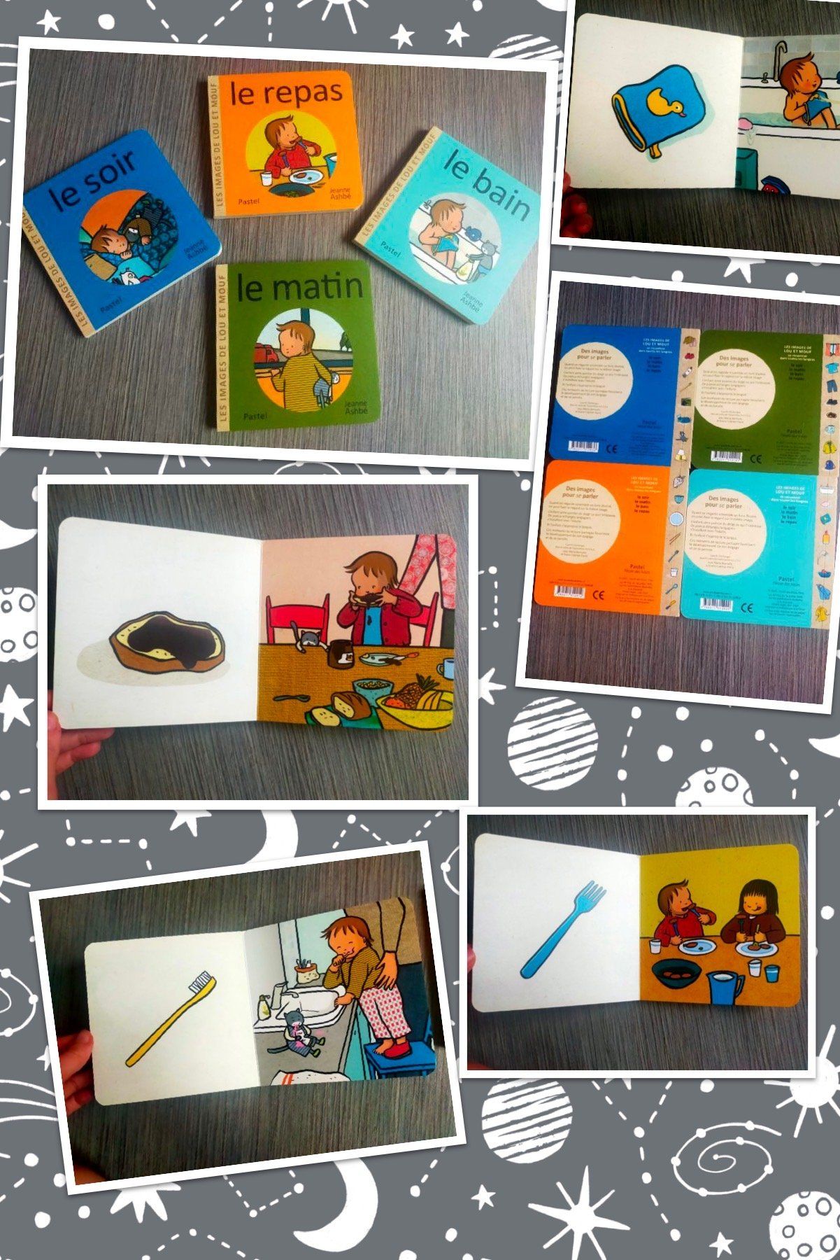 Les images de Lou et Mouf : « Le matin », « Le soir », « Le bain », « Le repas »